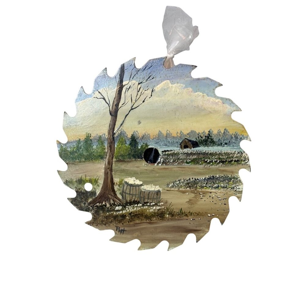 Hand-Painted Landscape Art On Vintage Saw Blade - Tree Barrels Rural Scene - Picture 5 of 12